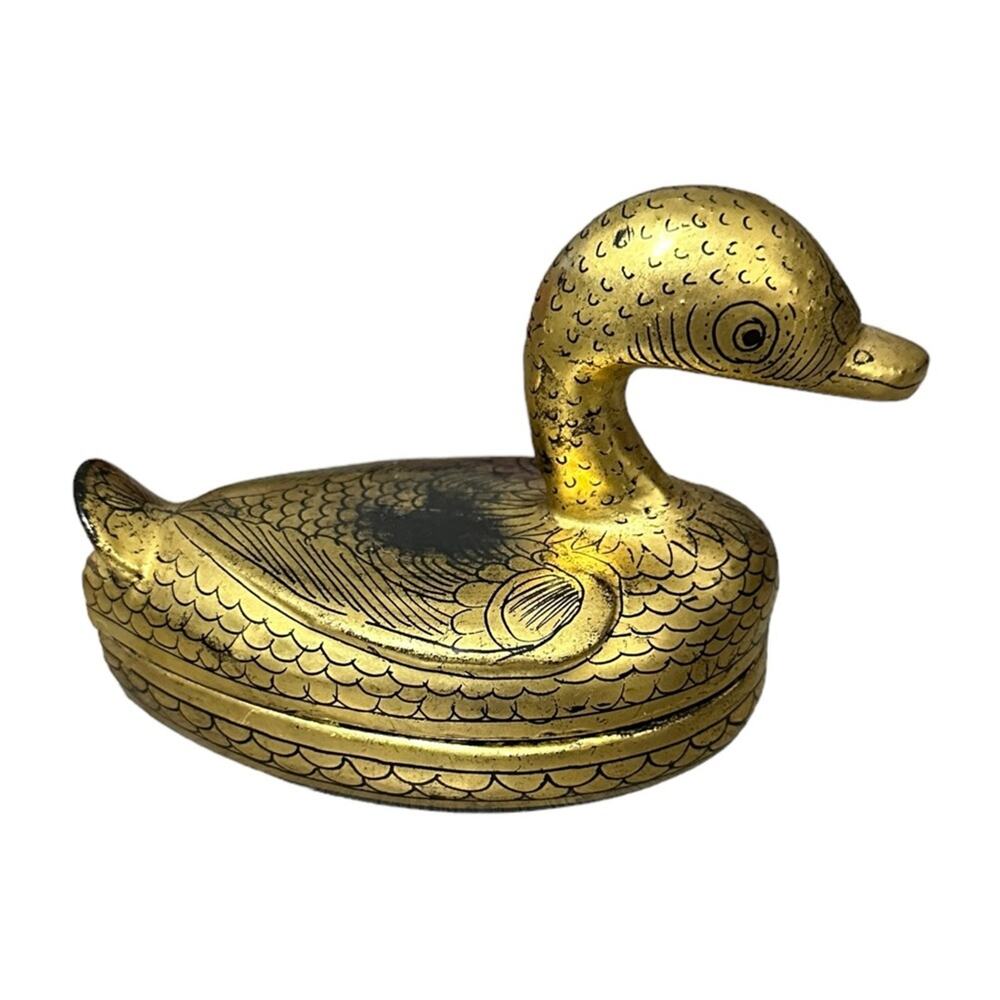 Vintage Black & Gold Gilt Duck/Goose Lacquer Trinket Box 4" W x 3.5" H